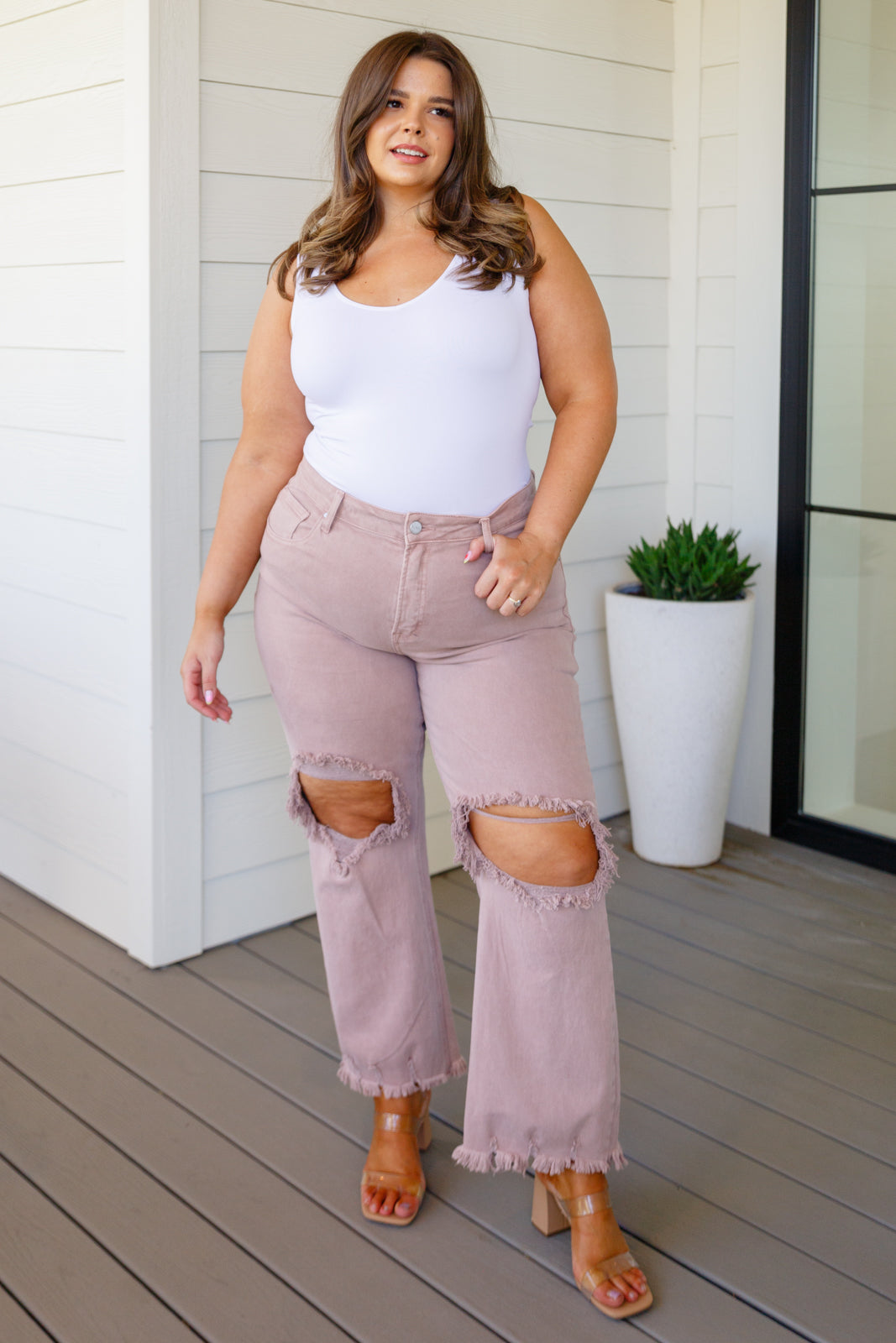 Babs High Rise Distressed Straight Jeans in Mauve